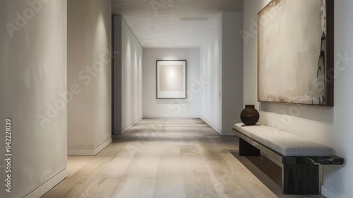 A minimalist hallway featuring a single piece of artwork and a sleek bench  emphasizing simplicity and elegance