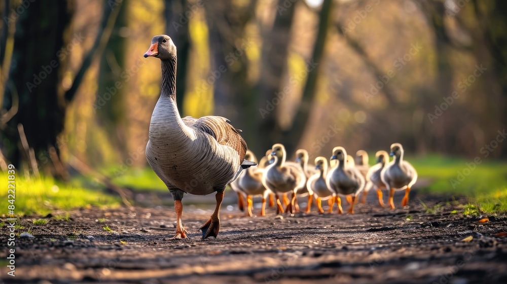 Fototapeta premium Goose confidently leads a pack of fellow geese through the landscape. Ai Generated.