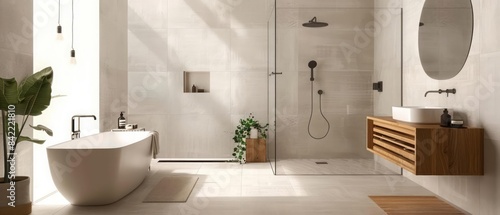 A stylish minimalist bathroom with a glassenclosed shower  white tiles  and minimal accessories