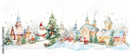 A tiny watercolor of Christmas with Santa Claus delivering gifts in a snowy village while children watch excitedly isolated white background © Sweettymojidesign