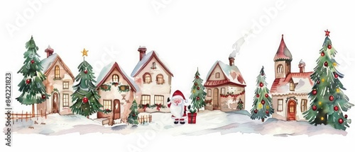 A tiny watercolor of Christmas with Santa Claus delivering gifts in a snowy village while children watch excitedly isolated white background