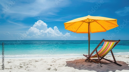 Relax in a deck chair under a beach parasol, surrounded by sandy serenity. Coastal bliss, Ai Generated.