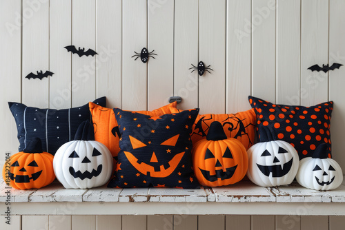 A Halloween themed arrangement of decorative pillows on a white wooden bench against the wall with black spider and bat decorations, orange pumpkins, and a spooky Halloween scene. photo