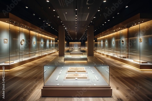 A museum-like art gallery with glass display cases lining the walls. Empty picture frames rest inside the cases, illuminated by soft spotlights photo