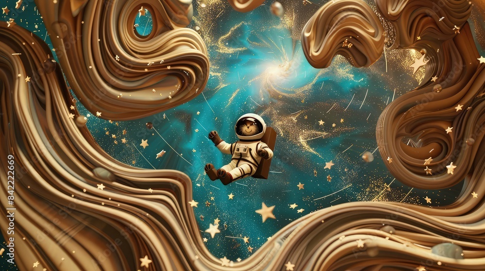 A swirling coffee galaxy with 3D waves forming a nebula, featuring a cartoon astronaut cat floating amidst the cosmic scene, surrounded by stars in cool blue tones.