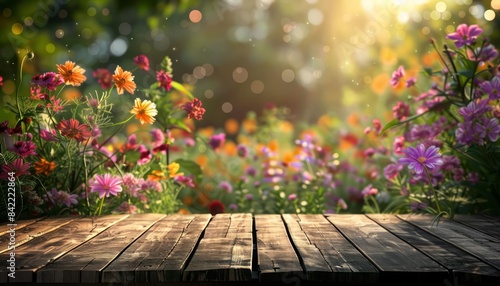 Relax at a wooden table with the vibrant garden featuring bokeh, filled with colorful summer flowers, sharpen 3d rendering background