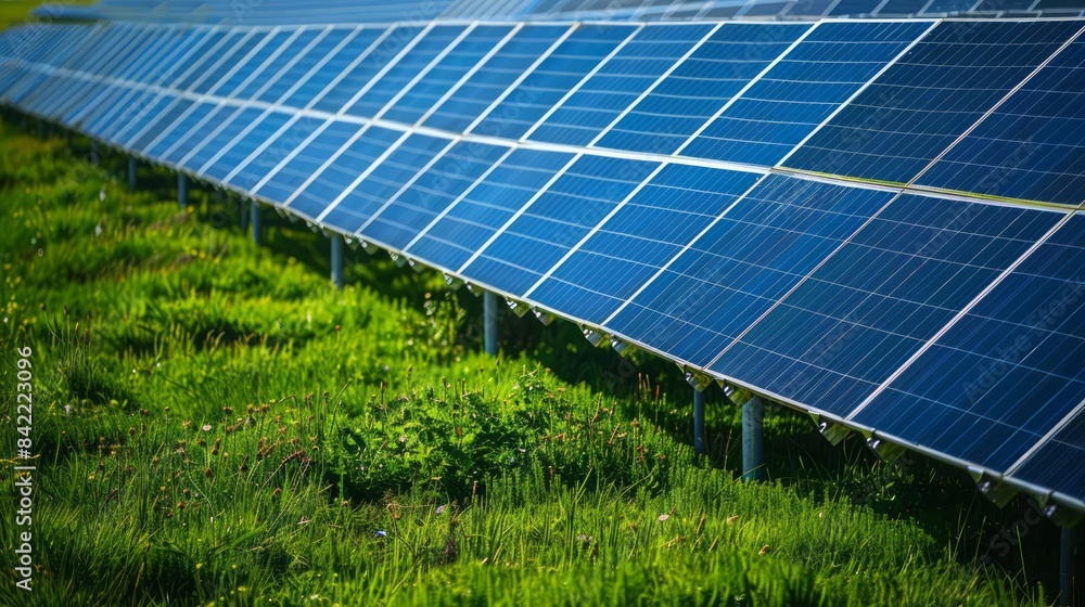 Solar energy farm with rows of solar panels converting sunlight into electricity Solar energy farm with rows of solar panels converting sunlight into electricity