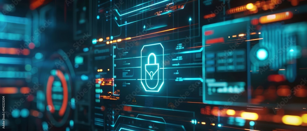 The digital screen features a lock, symbolizing the protection of digital data and the secure network maintained by cybersecurity measures The digital screen features a lock, symbolizing the protection of digital data and the secure network maintained by cybersecurity measures