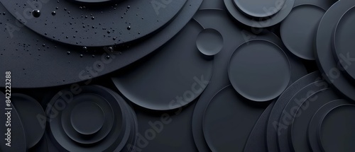 The modern shape creates a background of black circle rings with a white abstract banner, complemented by flowing particles, Sharpen 3d rendering background