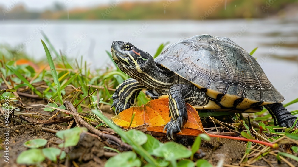 A turtle cheerfully playing with a fallen leaf on the grassy banks of a river. A turtle cheerfully playing with a fallen leaf on the grassy banks of a river.