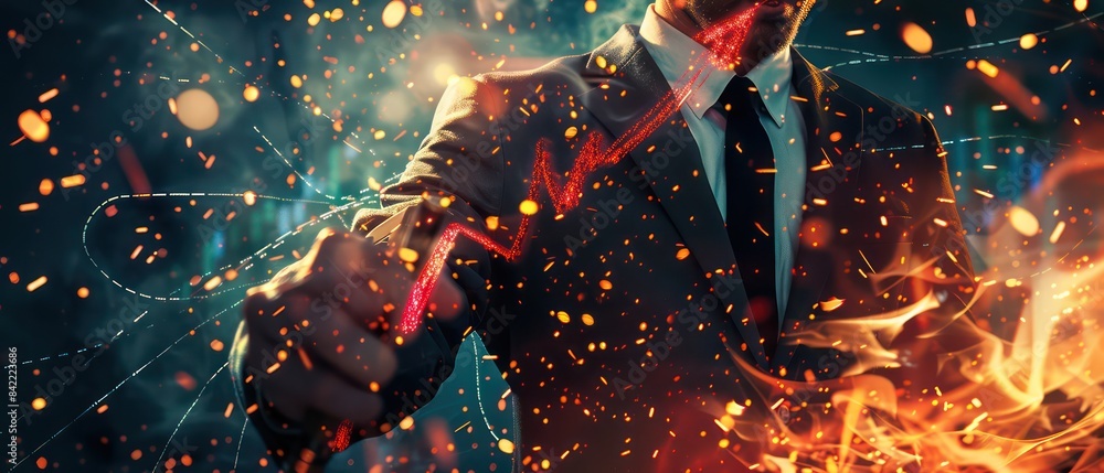 business man in a suit holds red chalk and draws an upward arrow on a stock market graph, with burning fire around him, double exposure business man in a suit holds red chalk and draws an upward arrow on a stock market graph, with burning fire around him, double exposure