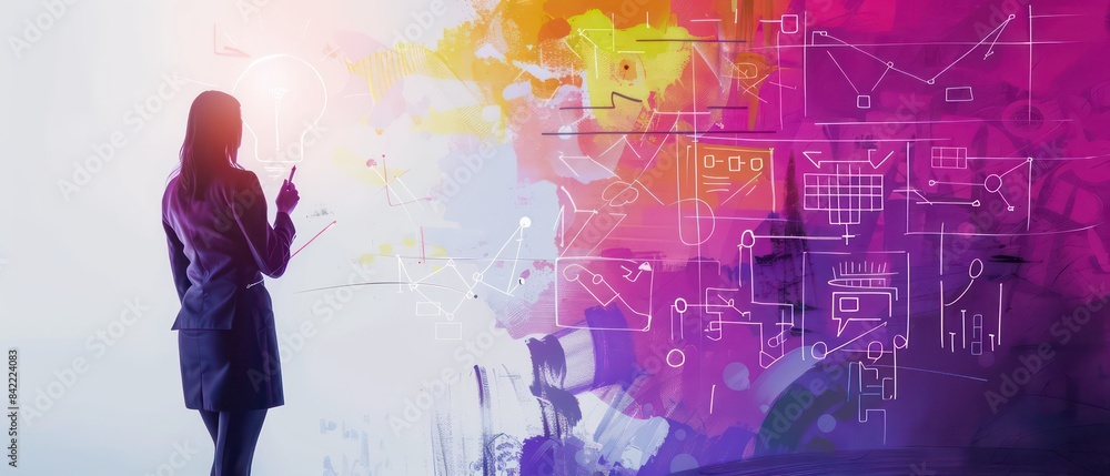 business woman integrates seamlessly with an abstract drawing featuring vibrant icons representing marketing, sales, and product development business woman integrates seamlessly with an abstract drawing featuring vibrant icons representing marketing, sales, and product development