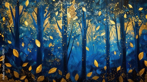 A vibrant wall painting featuring an enchanted forest in dark blue and bright gold, with light filtering through the leaves, creating a magical sparkle. Suitable for a focal point in any room.