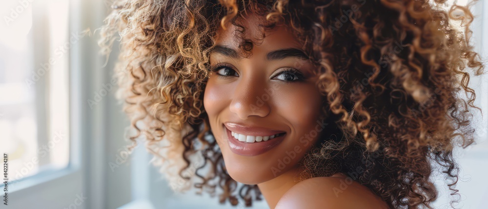 woman with curly hair, smiling at her laptop computer on the desk in front of her while she works from home woman with curly hair, smiling at her laptop computer on the desk in front of her while she works from home