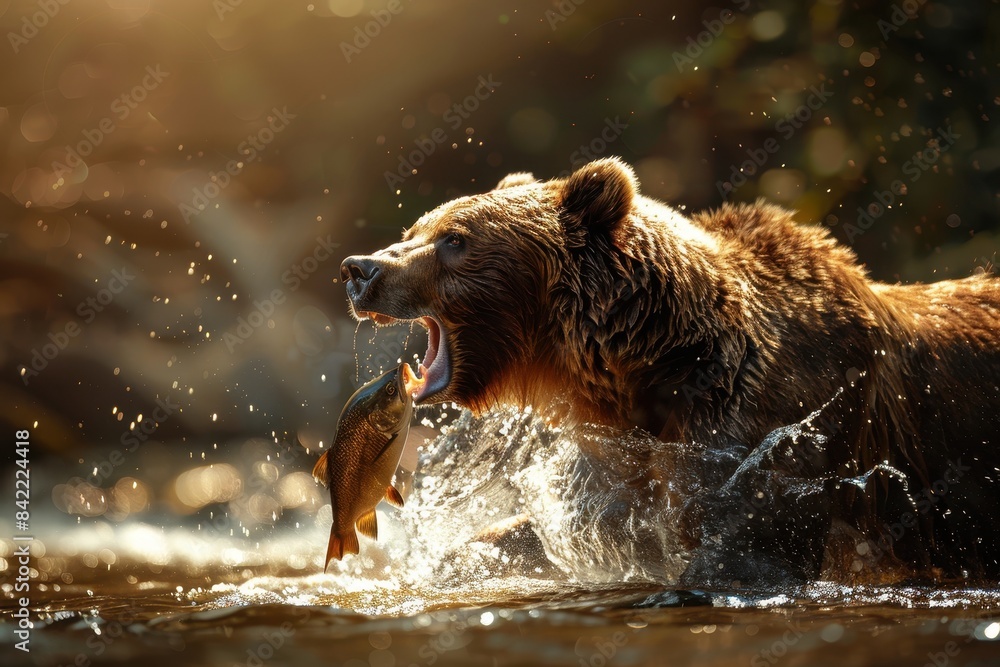 Majestic brown bear catching a salmon in a sunlit river, showcasing nature's raw power and beauty in pristine wilderness. Majestic brown bear catching a salmon in a sunlit river, showcasing nature's raw power and beauty in pristine wilderness.