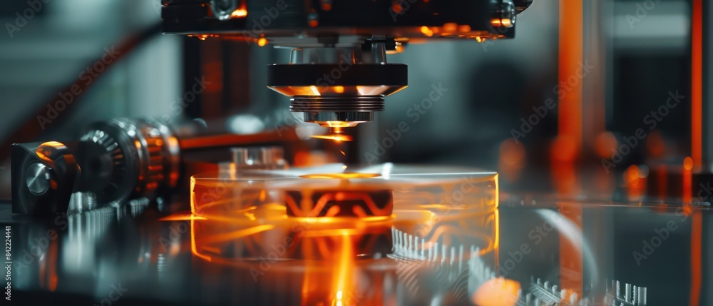 industrial machine printing a plastic part, with the focus on its intricate mechanical design and lighting effects industrial machine printing a plastic part, with the focus on its intricate mechanical design and lighting effects