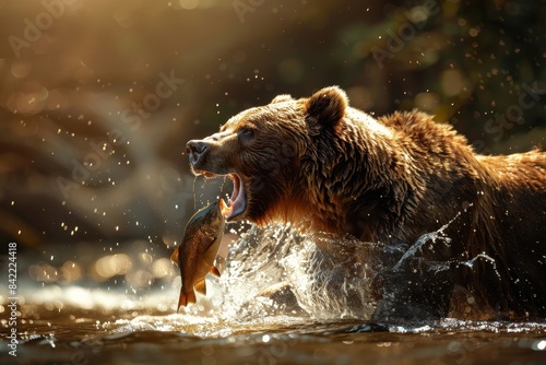 Majestic brown bear catching a salmon in a sunlit river, showcasing nature's raw power and beauty in pristine wilderness. © stockpro