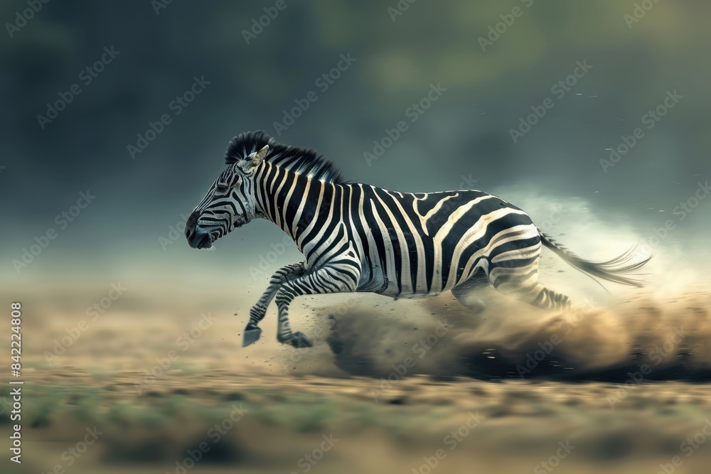 Fototapeta Dynamic image capturing a zebra running through the wilderness, kicking up dust with blurred background for dramatic effect.