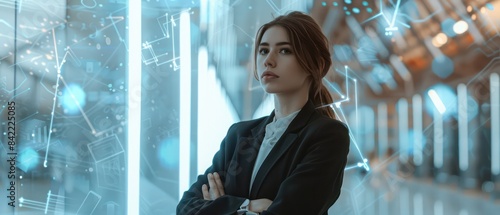 business woman exudes confidence, standing before digital graphs and charts that symbolize her success, while behind an abstract white glass wall, dynamic graphics represent growth and innovation photo