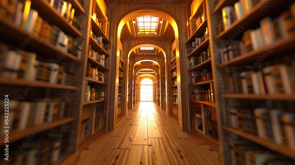 Background image of majestic library corridor with wooden bookshelves and ornate chandeliers, reflecting rich historical and literary tradition. Heritage and preservation. Cultural heritage. AIGT2.