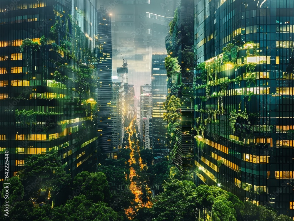 Obraz premium Futuristic Urban Jungle: Modern Cityscape with Skyscrapers and Lush Greenery, Illuminated at Night