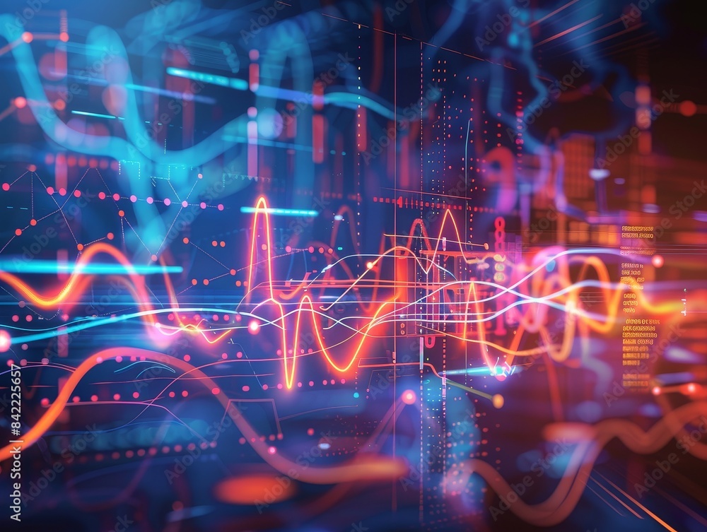 Abstract Digital Data Visualization with Colorful Graphs and Charts, Futuristic Technology Background, Big Data Analysis, Financial Market Trends, and Information Flow Abstract Digital Data Visualization with Colorful Graphs and Charts, Futuristic Technology Background, Big Data Analysis, Financial Market Trends, and Information Flow