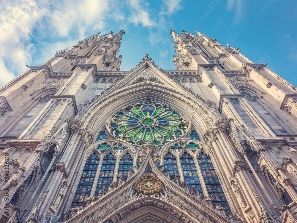 Gothic Cathedral Facade with Stained Glass Rose Window and Ornate Architectural Details Against a Blue Sky Gothic Cathedral Facade with Stained Glass Rose Window and Ornate Architectural Details Against a Blue Sky