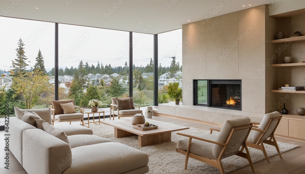 A living room with a fireplace and a view of the mountains A living room with a fireplace and a view of the mountains