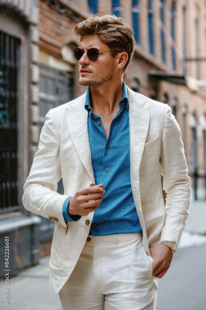 Obraz premium Businessman in a white suit with a blue shirt