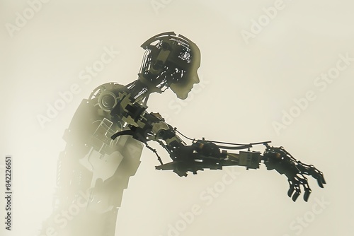 Silhouette of a humanoid robot with outstretched arm against a foggy background.