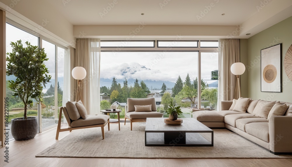 Fototapeta premium A living room with a fireplace and a view of the mountains