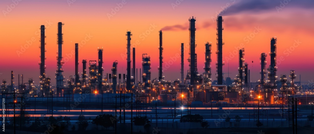 industrial plant at dusk, with the silhouette of tall chimneys and glowing lights against a twilight sky industrial plant at dusk, with the silhouette of tall chimneys and glowing lights against a twilight sky