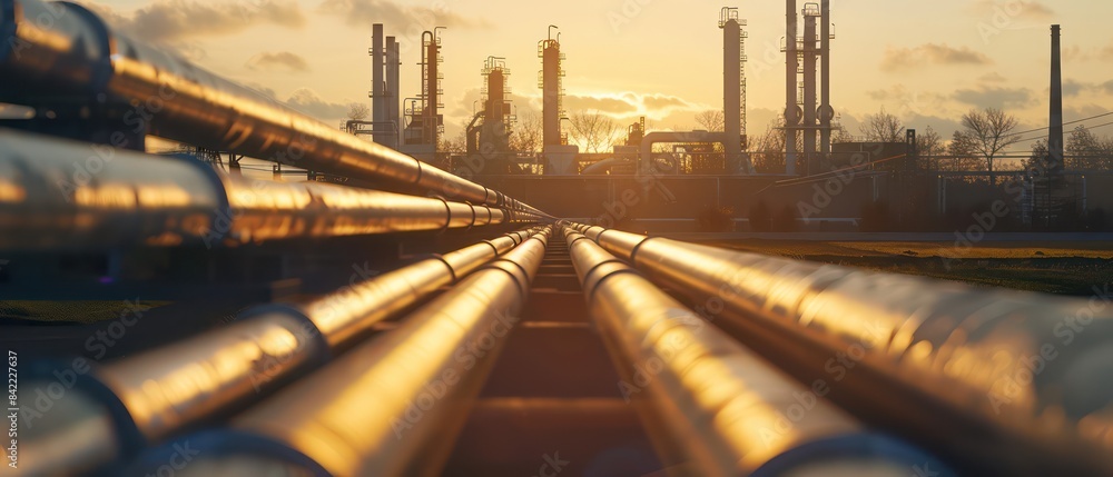 oil and gas pipeline in the foreground with large pipes, with a factory or plant visible at its end, It has golden hour lighting oil and gas pipeline in the foreground with large pipes, with a factory or plant visible at its end, It has golden hour lighting
