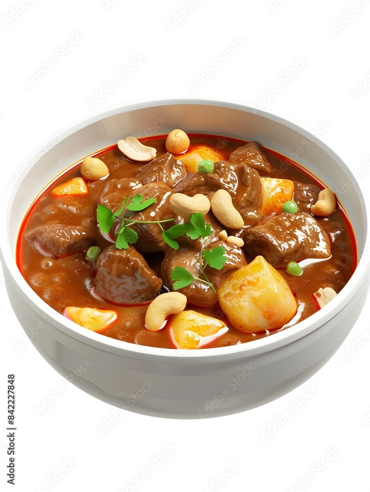 Hearty Massaman Curry Dish with Tender Meat,Potatoes,and Peanuts on White Background Hearty Massaman Curry Dish with Tender Meat,Potatoes,and Peanuts on White Background