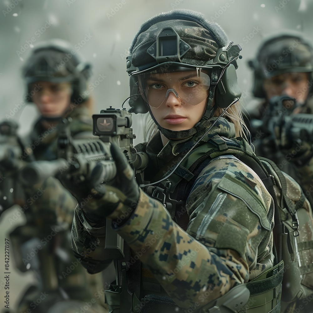 Fototapeta premium Highly Trained Female Soldier in Advanced Military Field Exercise