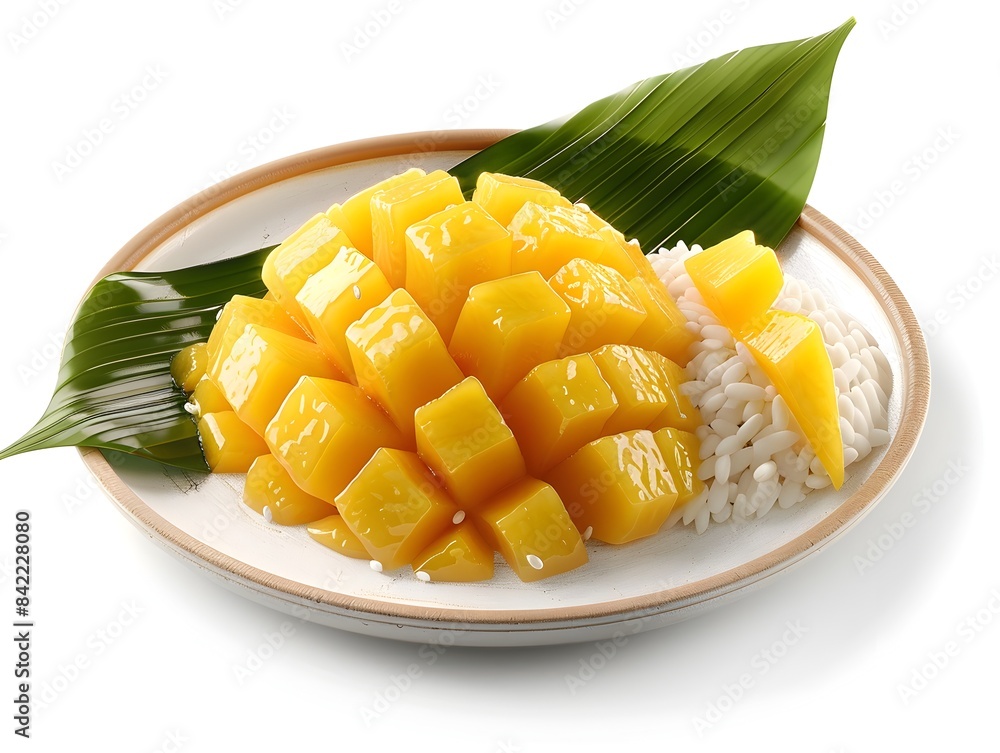 Mango Sticky Rice Elegantly Arranged on a Ceramic Plate, Isolated on a Clean White Background