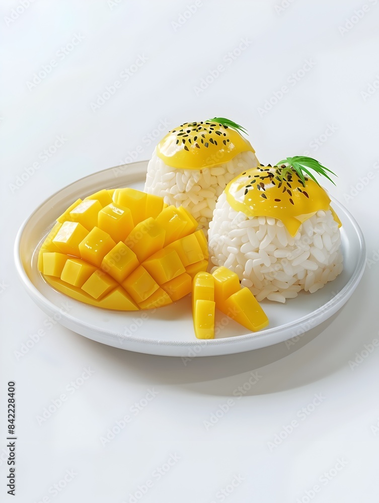 Mouthwatering Mango Sticky Rice Dish on Minimalist Plate Mouthwatering Mango Sticky Rice Dish on Minimalist Plate