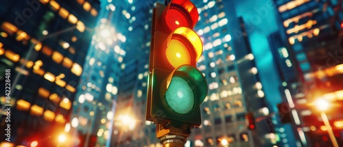 traffic light with green signal on bottom light, in front of skyscrapers, symbolizing the concepts of motion and urban life