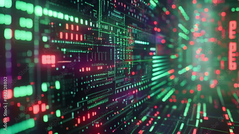 Flashing red and green lights indicate the constant battle between cyber threats and the defenses put in place to mitigate them. Flashing red and green lights indicate the constant battle between cyber threats and the defenses put in place to mitigate them.