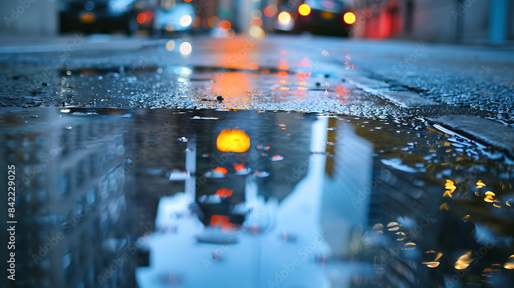 A puddle forms on a city street reflecting lights and vehice lamp A puddle forms on a city street reflecting lights and vehice lamp