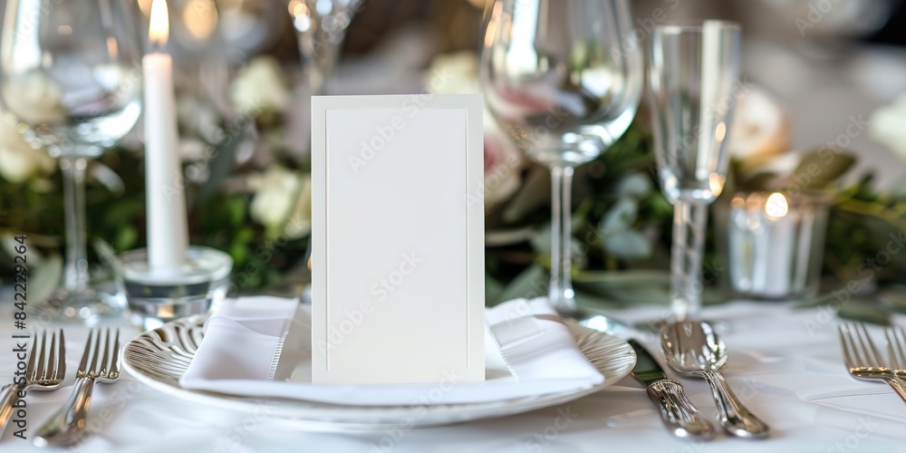 Fototapeta premium Elegant Restaurant Table Setting with White Card, Wine Glasses, and Fine Dining Plates