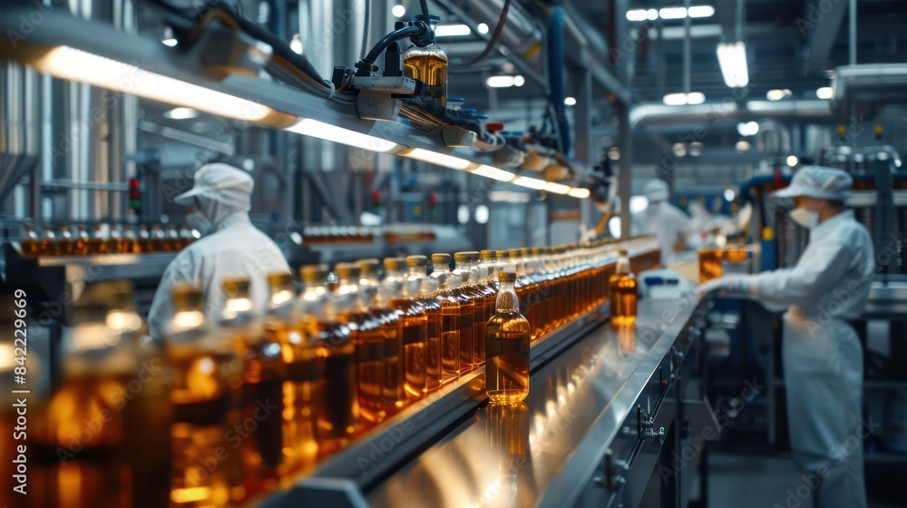 Factory industrial, A Beverage factory production line supervisor and employees working together on beverage production line in beverage factory, industrial background. Factory industrial, A Beverage factory production line supervisor and employees working together on beverage production line in beverage factory, industrial background.