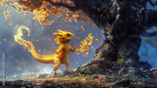 A yellow baby dragon playfully chasing its tail around a giant tree, creating a small whirlwind of leaves in a lively dance.