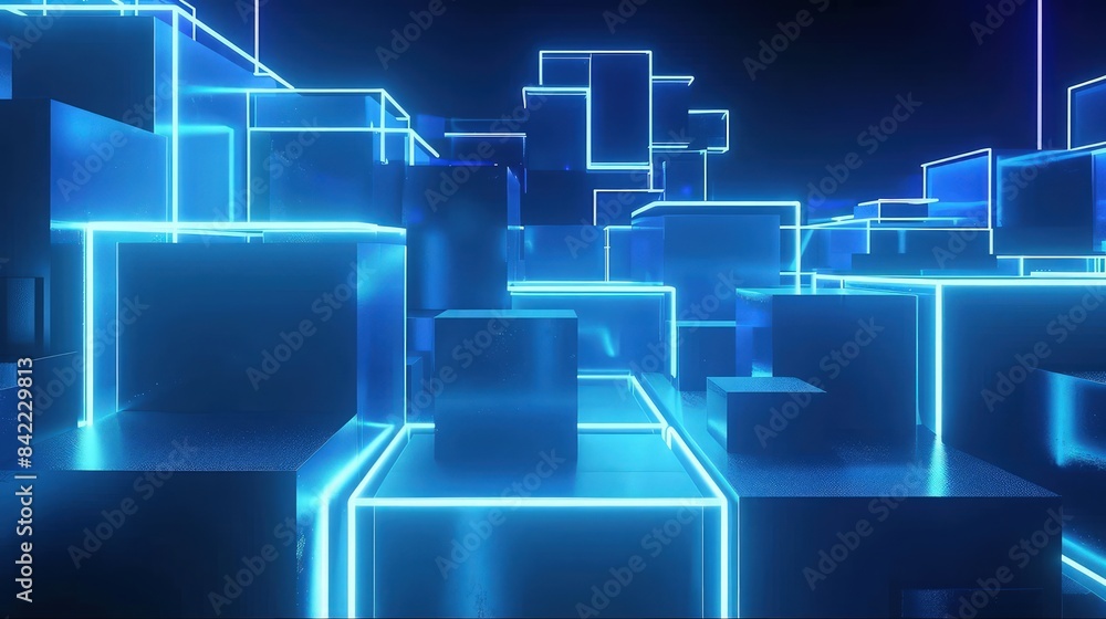 Abstract geometric shapes cubic blocks background with blue neon backlight. Seamless loop 3D render animation. Abstract geometric shapes cubic blocks background with blue neon backlight. Seamless loop 3D render animation.