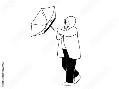 Woman get struggling with her umbrella in rain