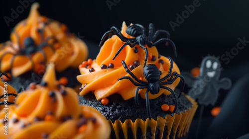 A high-definition close-up of spooky Halloween-themed cupcakes with orange and black frosting, decorated with candy spiders and ghost toppers, set against a solid black background photo