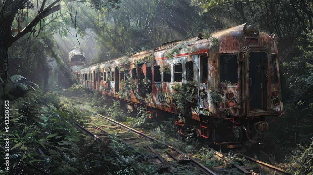 The dilapidated train wreckage appears frightening The dilapidated train wreckage appears frightening