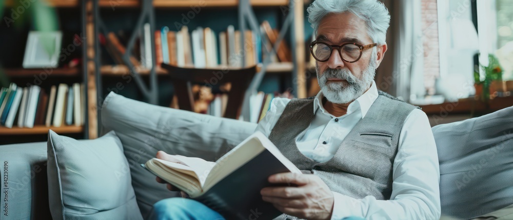 older man sitting on the couch, writing in his notebook with glasses and gray hair older man sitting on the couch, writing in his notebook with glasses and gray hair