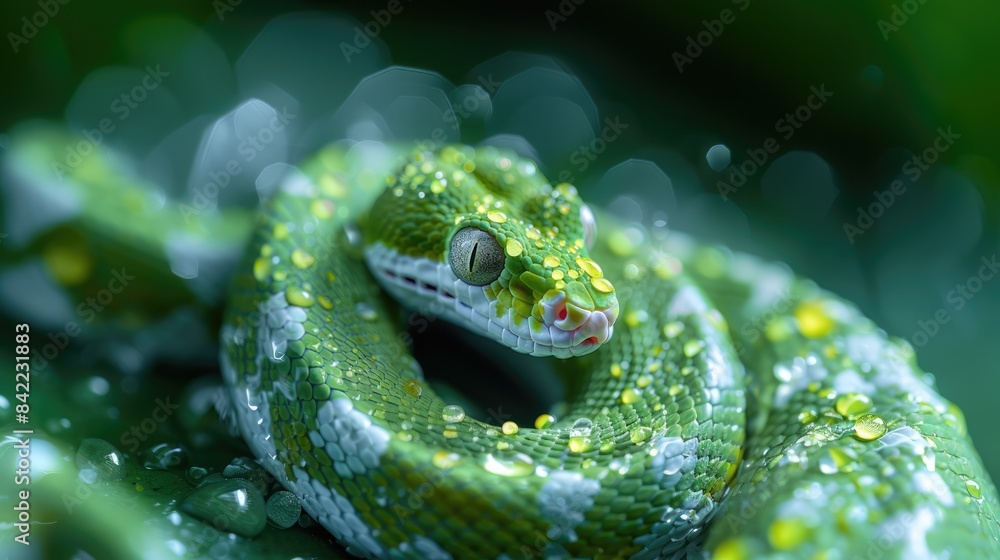 Fototapeta premium a green snake closeup. Symbol of 2025 year.