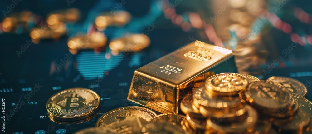 gold bars and coins on financial charts with stock market data gold bars and coins on financial charts with stock market data